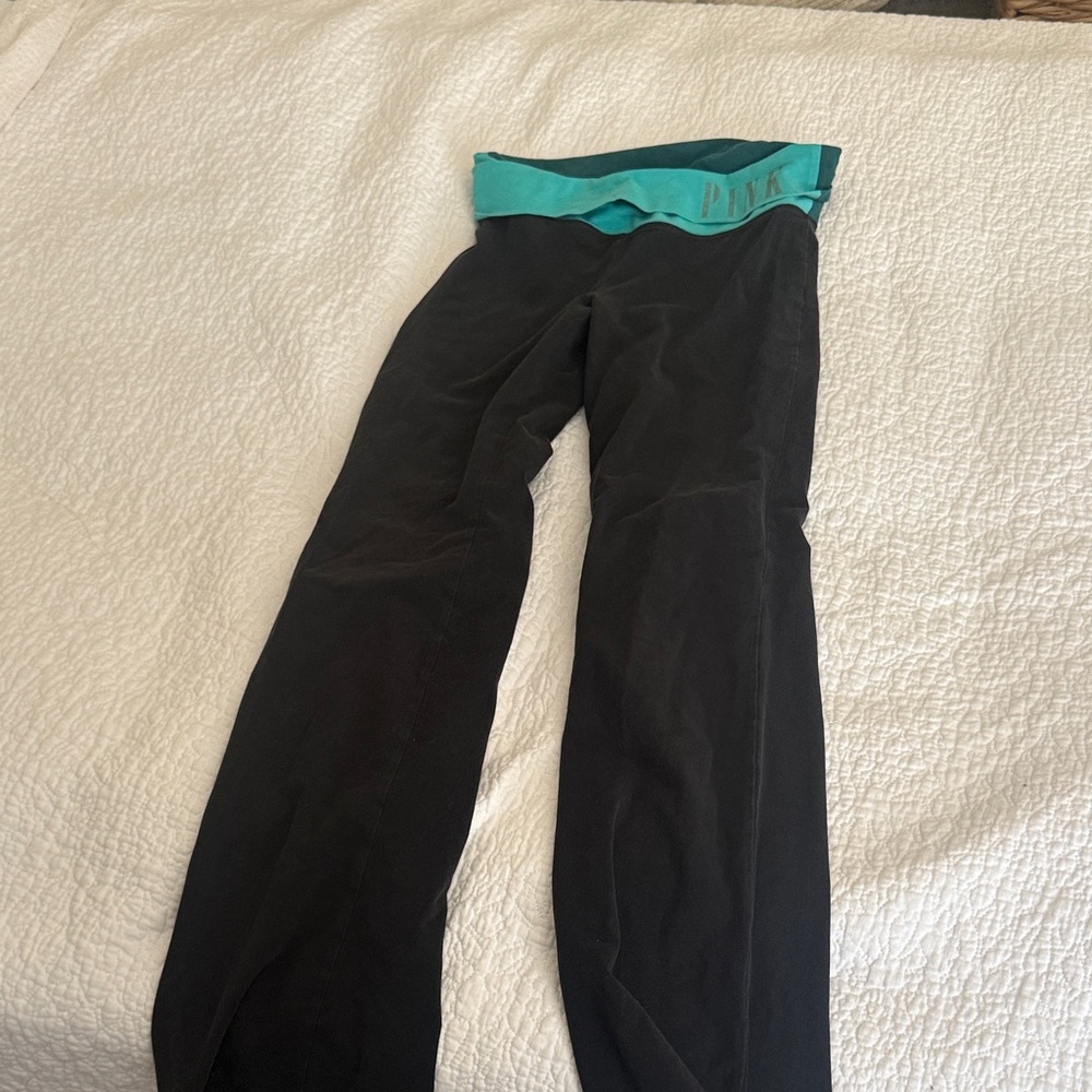 PINK Black Yoga Pants with Teal Fold-Over Waistband